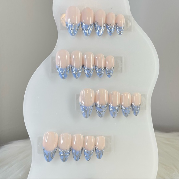 Handmade Press On Nails Blue French Nails Spring set - Picture 2 of 5